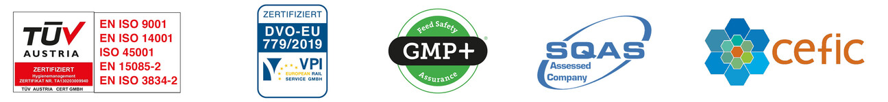 TÜV Austria zertifiziert | DVO-EU 779/2019 zertifiziert | GMP+ Feed Safety Assurance | SQAS Assessed Company | cefic